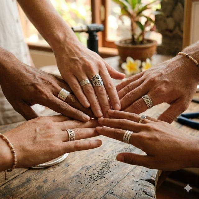 Friends showing their handmade silver rings from a Kuta silver class